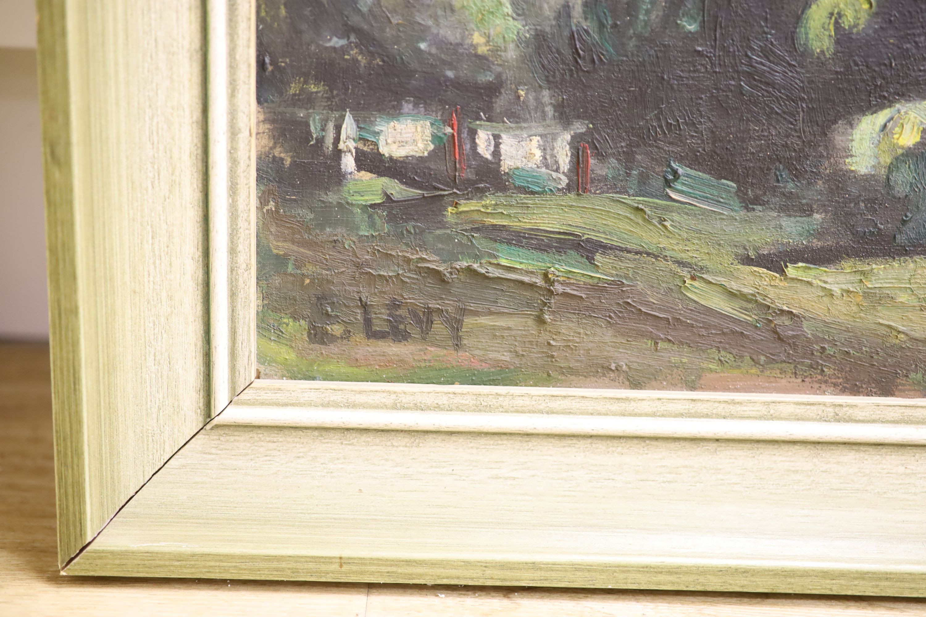 Emmanuel Levy (1900-1986), oil on board, The Red Village, signed with label verso, 50 x 60cm